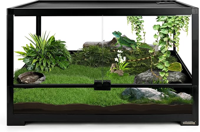 Low-profile front-opening glass vivarium with plants and decor for a nocturnal gecko